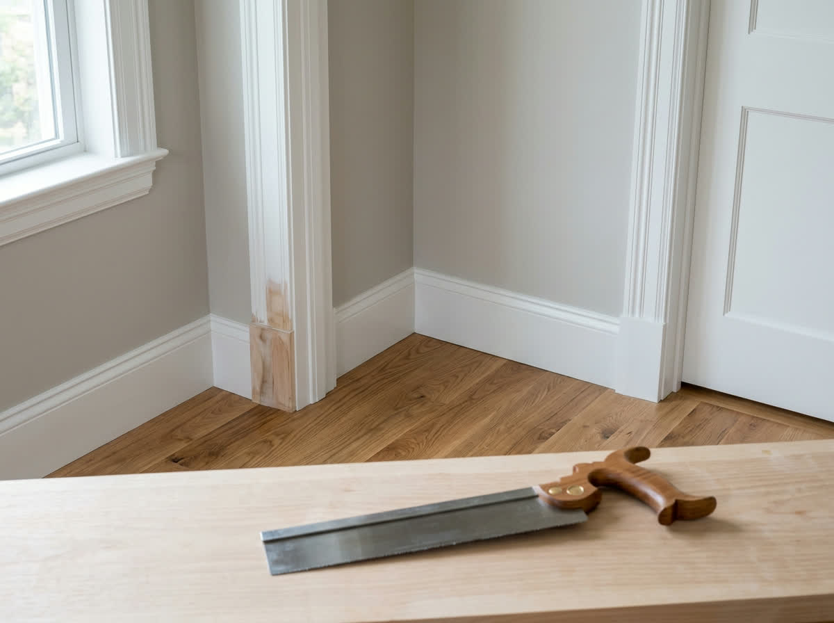 Finished room with repaired trim, smooth painted drywall, oak flooring and a finish carpenter's saw