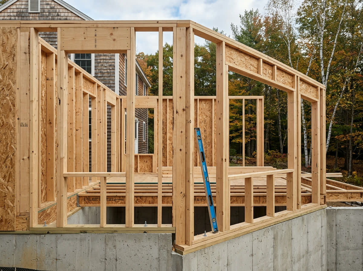Residential addition framing secured to a concrete foundation with a spirit level against the wall studs