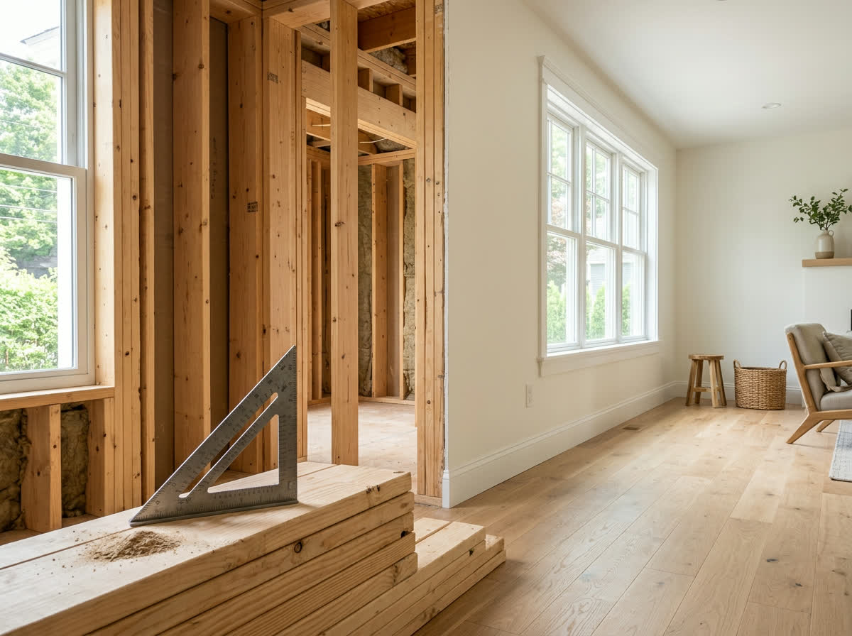 General construction and home renovation showing exposed wall framing transitioning into a finished New Hampshire interior