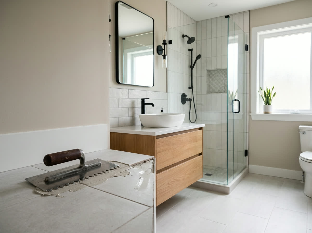 Modern bathroom renovation with porcelain tile, oak vanity, fresh paint and a tile trowel
