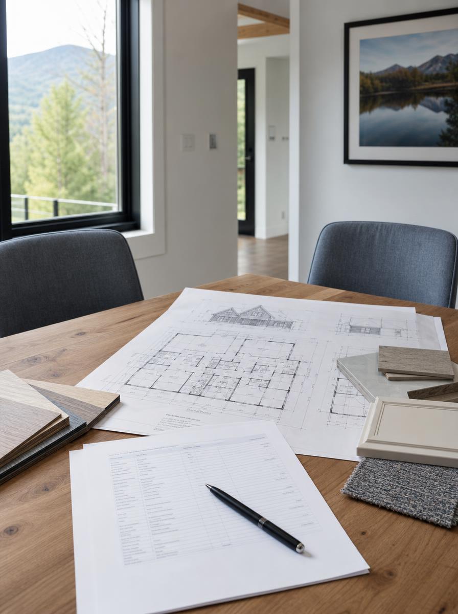 Architectural plans, an itemized estimate and material samples arranged for an initial home renovation consultation