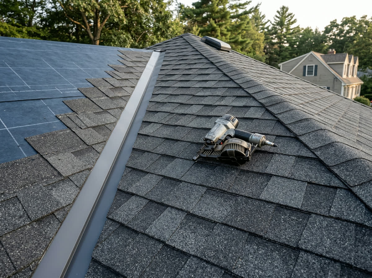 Architectural asphalt roof installation with underlayment, metal valley flashing and a roofing coil nailer