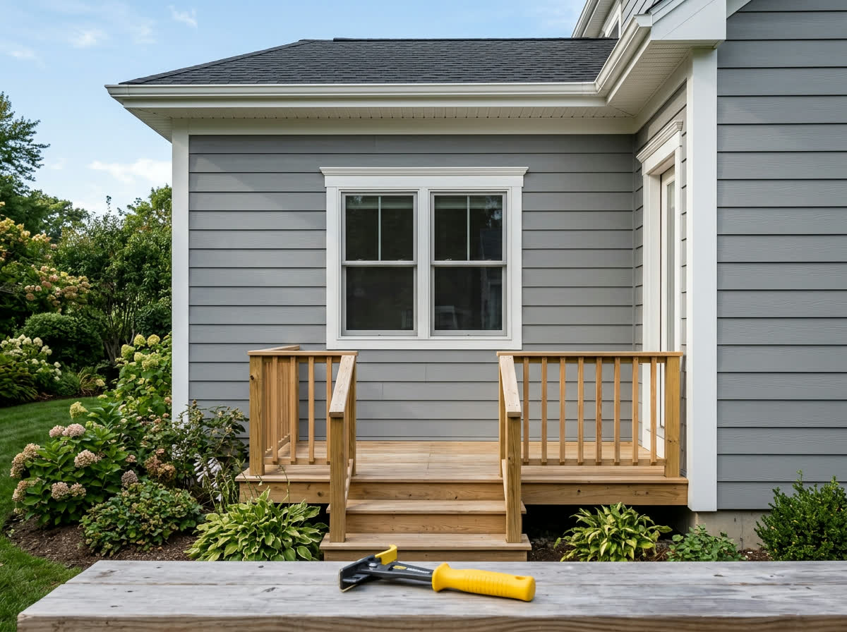 Completed gray lap siding, white window trim and a small wood deck on a New England home exterior